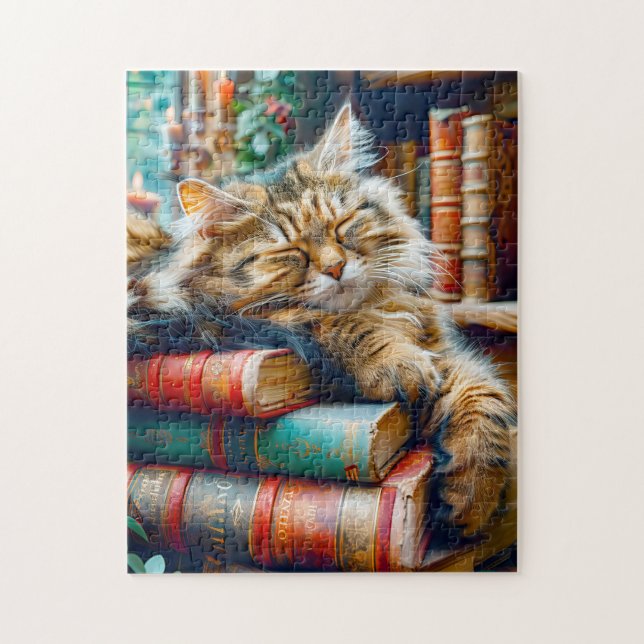 Quebra-cabeça Gato Dormindo sobre uma Pilha de Livros (Vertical)