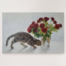 Quebra-cabeça Gato e Rosas Vermelhas – Impressão de Pintura a Ól