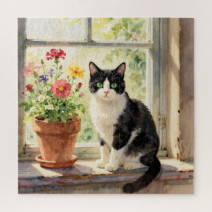 Quebra-cabeça Gato em aquarela e tema de flores