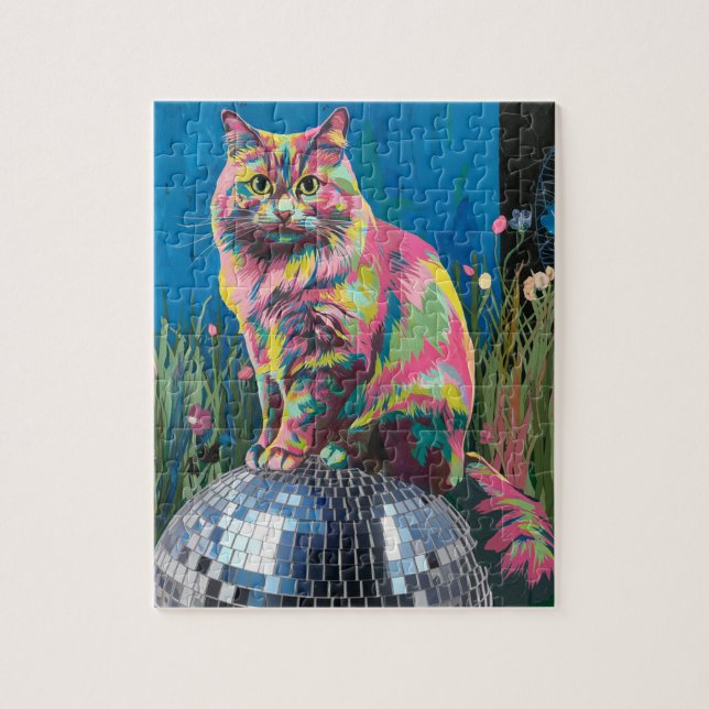 Quebra-cabeça gato em uma bola de discoteca (Vertical)