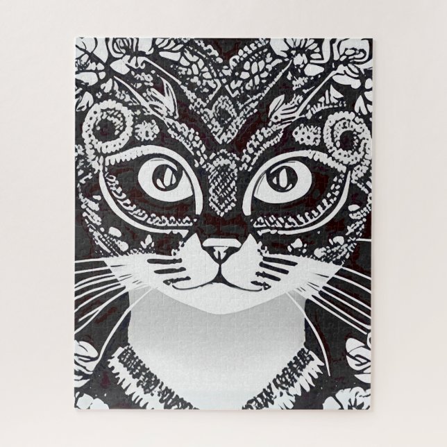 Quebra-cabeça Gato em uma Máscara Mardi Branca e Preta (Vertical)