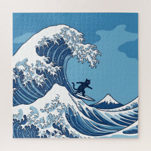 Quebra-cabeça Gato Engraçado Surfando a Grande Onda de Kanagawa 