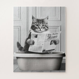 Quebra-cabeça Gato está sentado no vaso sanitário, gato lendo no