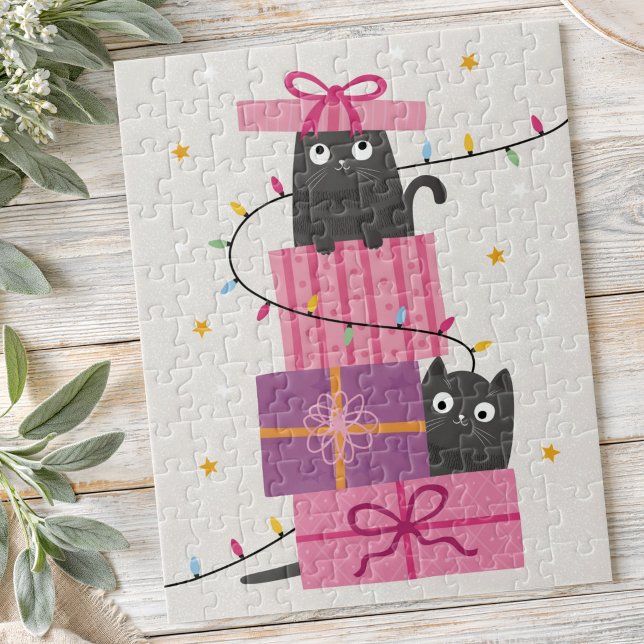 Quebra-cabeça Gato fofo com luzes e presentes de Natal (Cute cat with lights and Christmas gifts Jigsaw Puzzle)