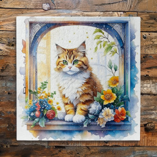 Quebra-cabeça Gato Fofo na Janela de Flores