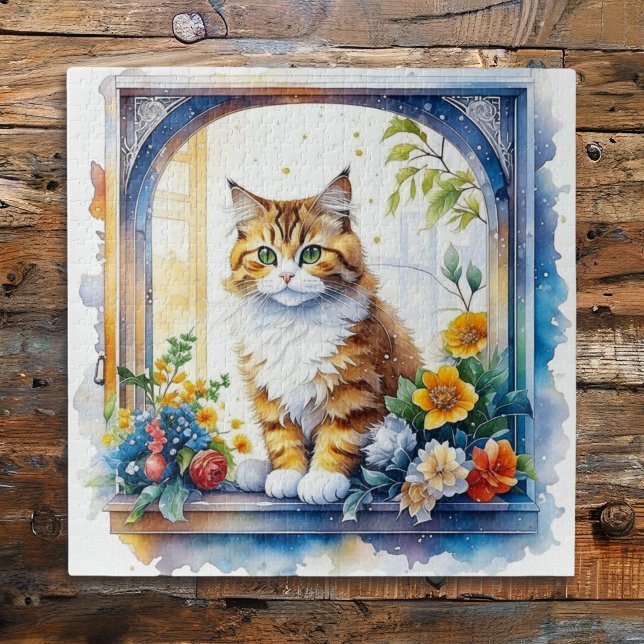 Quebra-cabeça Gato Fofo na Janela de Flores  (Criador carregado)