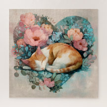 Gato Gengibre Sonolento Sonhador Aquarela Floral