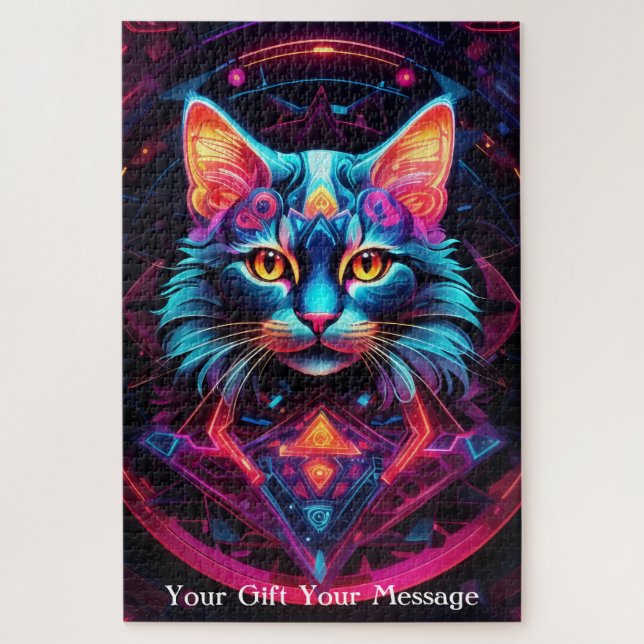 Quebra-cabeça Gato Guardião Cósmico - Neon Galaxy Mandala (Vertical)