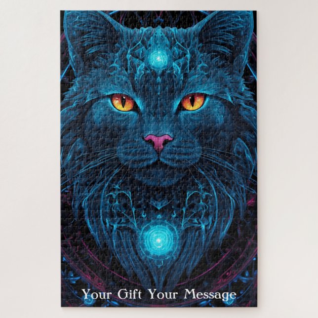 Quebra-cabeça Gato Guardião Cósmico - Neon Galaxy Mandala (Vertical)