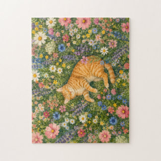 Quebra-cabeça Gato Laranja Adormecido em Flores Silvestres Puzzl