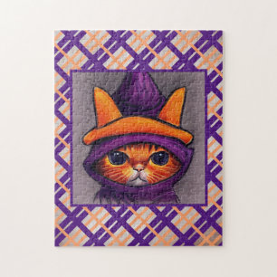 Quebra-cabeça Gato Laranja com Desenho de Chapéu de Bruxa Roxo 