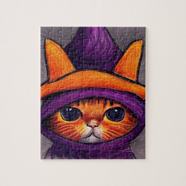 Quebra-cabeça Gato Laranja com Desenho de Chapéu de Bruxa Roxo (Vertical)