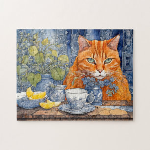 Quebra-cabeça Gato Laranja em Aquarela com Chá de Limão