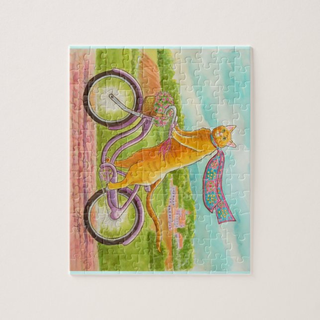 Quebra-cabeça Gato Laranja numa Bicicleta Roxa (Vertical)