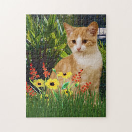 Quebra-cabeça Gato Laranja Tabby no Jardim de Flores  Amantes de