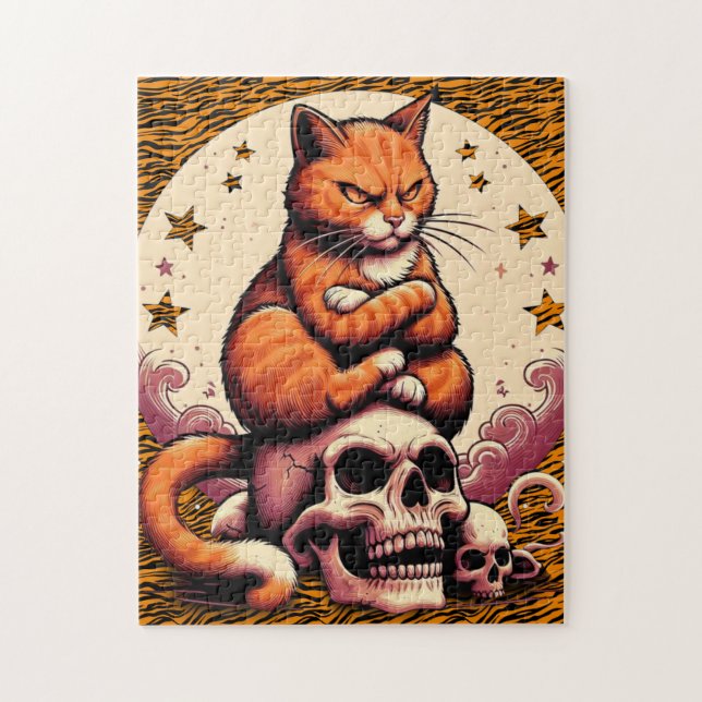 Quebra-cabeça Gato Laranja Vingativo, Caveiras e Lua (Vertical)