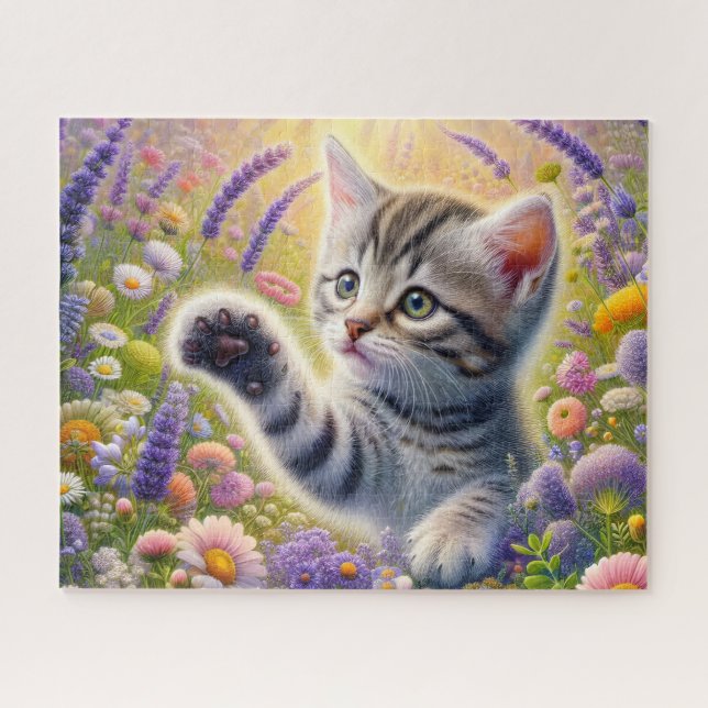 Quebra-cabeça Gato Listrado Com Flores (Horizontal)