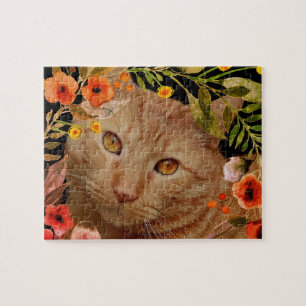 Quebra-cabeça Gato Listrado Laranja Foto com Moldura de Flor Jig