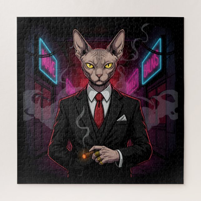 Quebra-cabeça Gato Mafioso Sphynx em Estilo Neon Noir (Vertical)