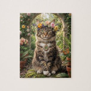Quebra-cabeça Gato Maine Coon Usando Coroa de Flores em um Jardi