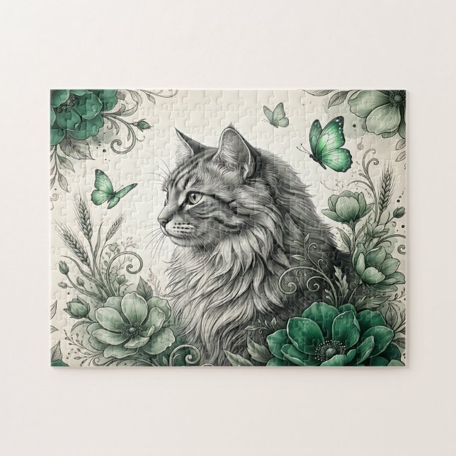 Quebra-cabeça Gato Místico Com Flores (Horizontal)