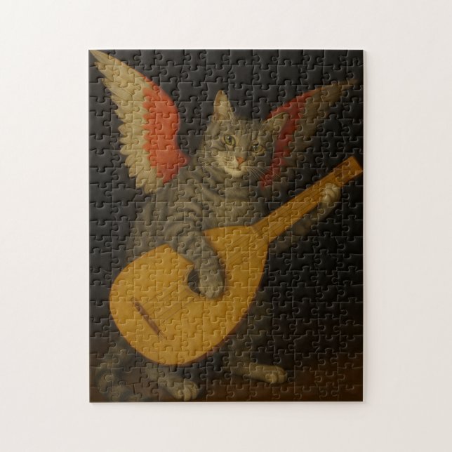 Quebra-cabeça Gato Músico Alado Tocando Alaúde Arte (Vertical)