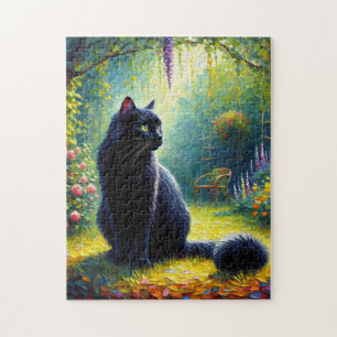 Quebra-cabeça Gato Negro Bonito na Pintura do Óleo do Jardim