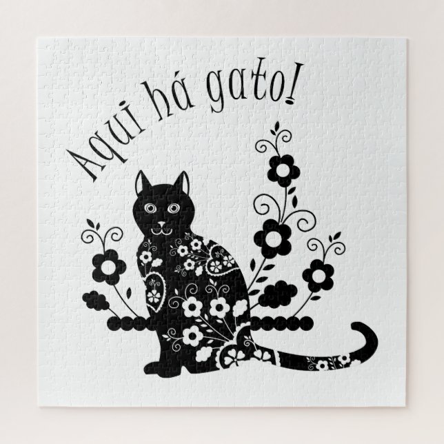 Quebra-cabeça Gato negro com flores e expressão portuguesa (Vertical)