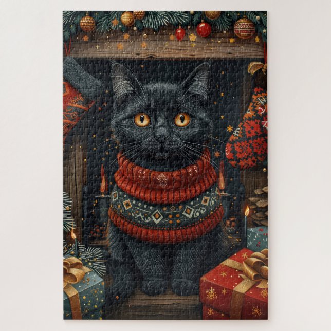 Quebra-cabeça Gato Negro com Lareira de presentes de Natal (Vertical)