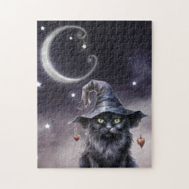 Quebra-cabeça Gato Negro de Halloween Vestindo um Chapéu de Brux