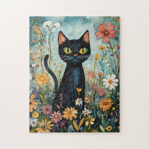Quebra-cabeça Gato Negro Whimsical com Ilustração de Flores Selv