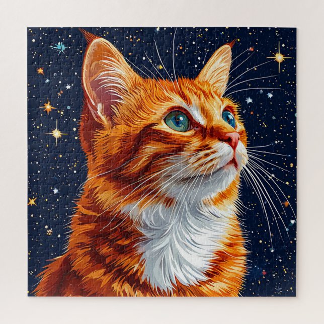 Quebra-cabeça Gato Olhando para um Céu Cósmico Estrelado (Vertical)
