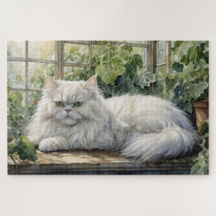 Quebra-cabeça Gato Persa Branco Fluffy em um Jardim