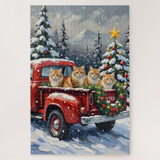 Quebra-cabeça Gato Persa Caminhão Vermelho Natal Feriado (Vertical)