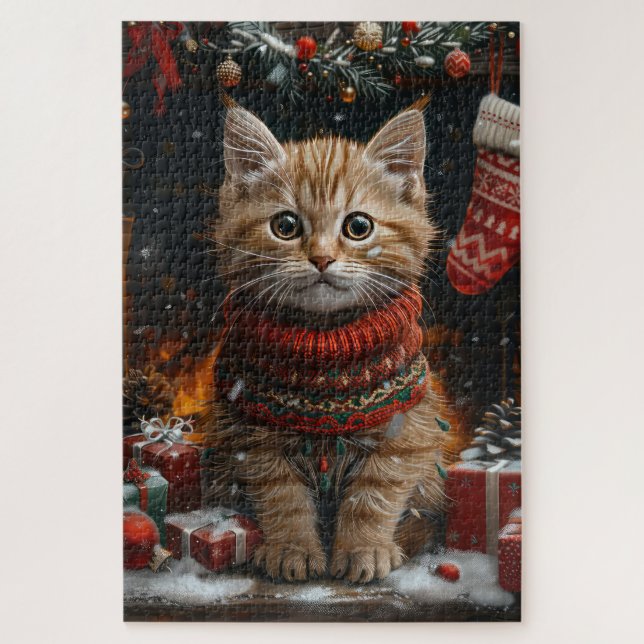 Quebra-cabeça Gato Persa com Presentes de Natal Lareira (Vertical)
