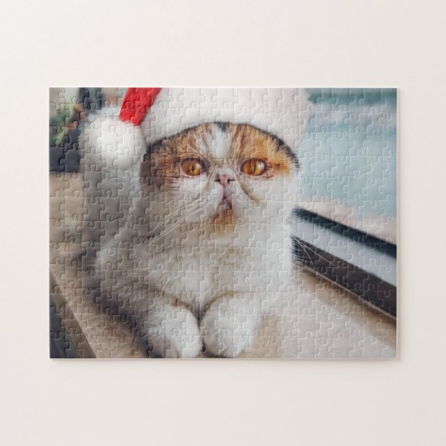 Quebra-cabeça Gato persa maravilhoso com chapéu de Papai Noel (Horizontal)