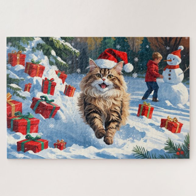 Quebra-cabeça Gato Persa Sentado na Neve com Chapéu de Natal (Horizontal)