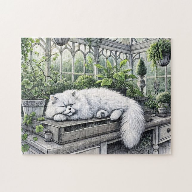 Quebra-cabeça Gato Pérsico Branco Descansado numa Estufa Sol (Horizontal)