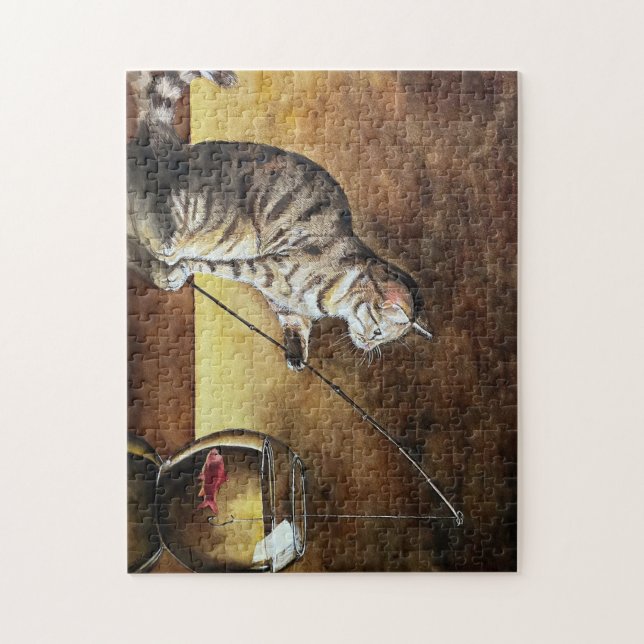 Quebra-cabeça gato pescador de aquarela (Vertical)