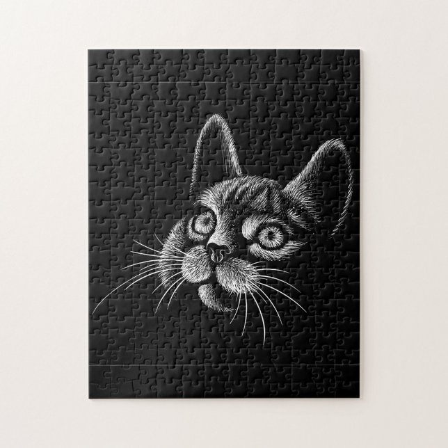 Quebra-cabeça Gato Preto (A jigsaw puzzle featuring a black background with a white sketch of a cat's head. )