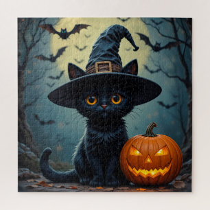 Quebra-cabeça Gato Preto Adorável Usando Chapéu de Bruxa