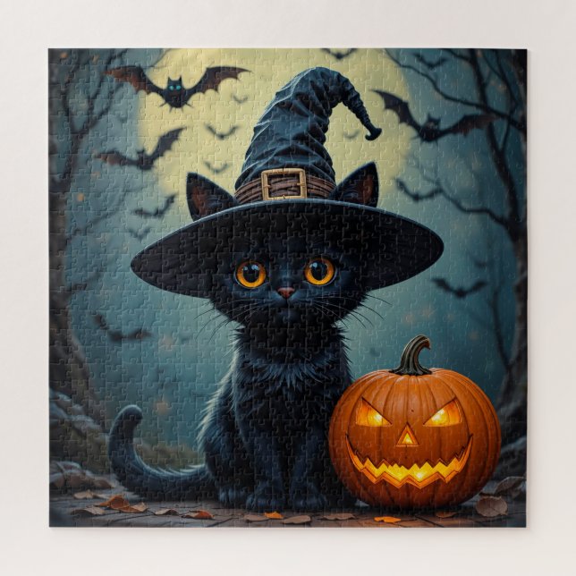 Quebra-cabeça Gato Preto Adorável Usando Chapéu de Bruxa (Vertical)