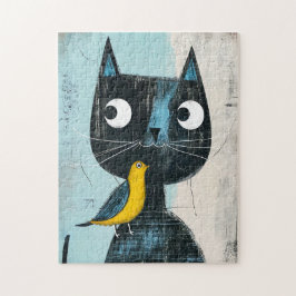 Quebra-cabeça Gato Preto Amigável de Quadrinhos com Pássaro Amar