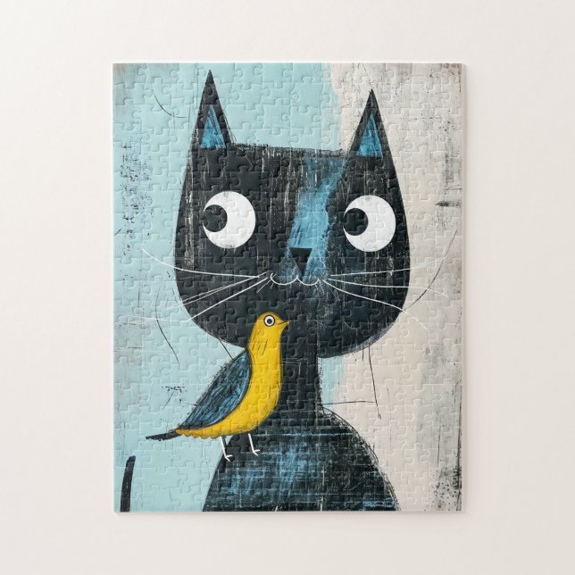 Quebra-cabeça Gato Preto Amigável de Quadrinhos com Pássaro Amar (Vertical)