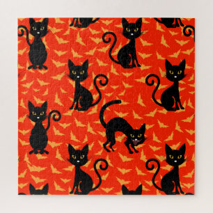 Quebra-cabeça Gato Preto Assustador Gato Halloween Bats Laranja