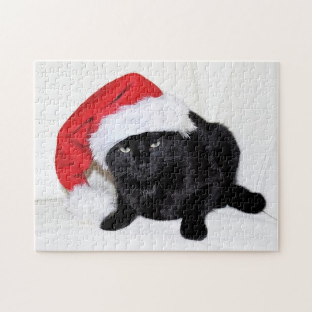 Quebra-cabeça Gato preto bonito com chapéu do papai noel (Horizontal)