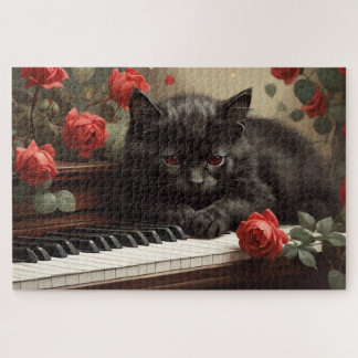 Quebra-cabeça Gato preto bonito deitado no piano