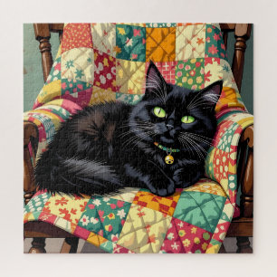 Quebra-cabeça Gato Preto Bonito na Cadeira Rochosa
