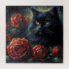 Quebra-cabeça Gato Preto com Rosas Vermelhas Puzzle Gótico