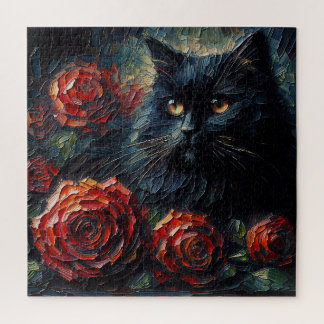 Quebra-cabeça Gato Preto com Rosas Vermelhas Puzzle Gótico